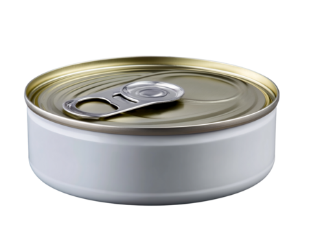 Sealed Tin Can: A metallic tin can with a convenient ring pull, sitting in a studio setting, representing concepts of food preservation, convenience, and consumption.