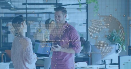 Man tapping smartphone after woman presenting laptop guiding code review with map overlay in office - Powered by Adobe