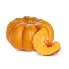 Fresh ripe pumpkins isolated on white. Whole and slice