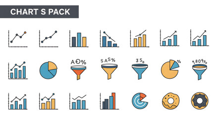 Collection of colorful data visualization charts and graphs showcasing various statistical representations