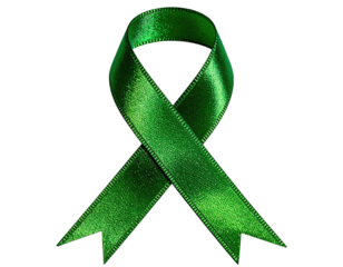 A vibrant green ribbon shaped into a looped symbol against a stark black backdrop