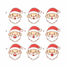 Nine unique Santa Claus face icons with diverse emotions and expressions, perfect for holiday projects. Each icon features a red hat and a long white beard, conveying the spirit of Christmas