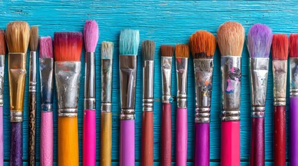Fototapeta premium In a vibrant display, the artist's paintbrushes with their colorful bristles and metallic ferrules, some of which show signs of paint stains, are horizontally aligned against a rustic,
