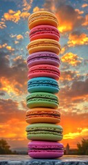 Stacked macarons, colorful desserts, sunset sky background