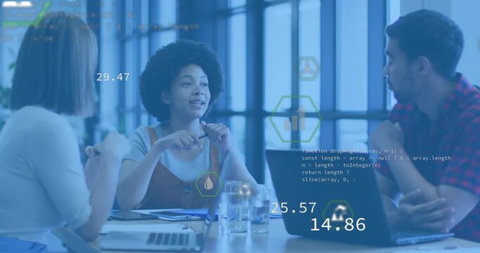 Central coworker lifting pen initiating data meeting with animated eco icons showing CO? metrics