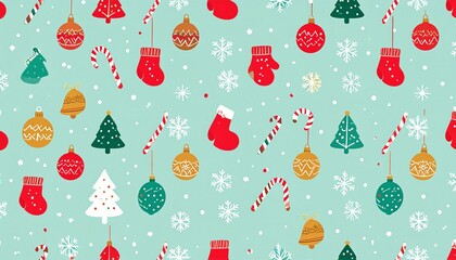 Festive Christmas Pattern Featuring Ornaments, Candy Canes, Mittens, and Snowflakes on a Light Blue Background
