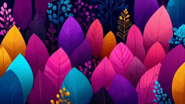 Dense stylized tropical leaves and plants in neon pink, blue, purple, yellow, and orange hues create a vibrant abstract botanical pattern on a rich dark blue background