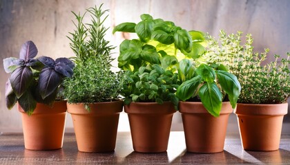 Assorted Fresh Herbs Growing In Pots