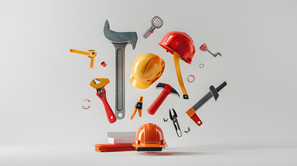 A variety of tools and equipment. The work equipment appears to be floating, creating a pleasant workspace. Suitable for advertising, backgrounds, and more.