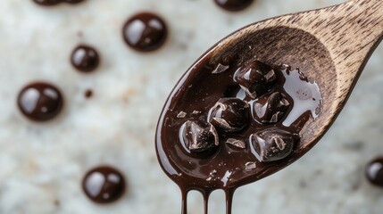 Chocolate melting drop dripping wooden spoon liquid motion culinary photography kitchen action ingredient movement dynamic cooking process