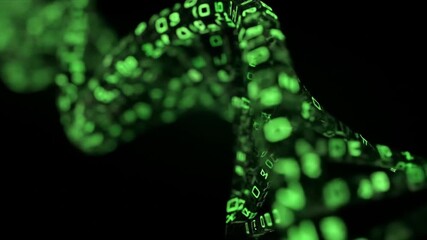 Digital dna helix glowing green structure with binary code on black - Powered by Adobe