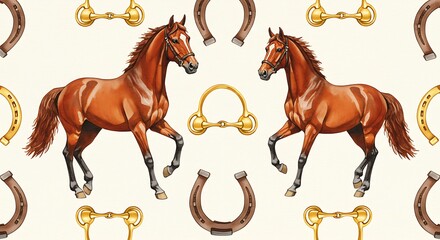 Elegant horses with equestrian equipment seamless pattern design