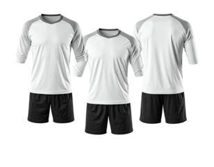 Trio of white & grey athletic shirts & black shorts, front & back views