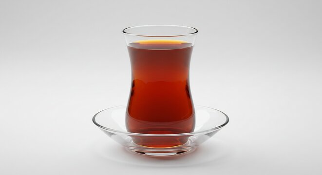 Th&eacute; noir fumant dans un verre turc &eacute;l&eacute;gant sur fond clair lumi&egrave;re douce r&eacute;v&egrave;le sa couleur ambr&eacute;e profonde