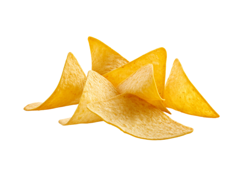 Crispy Potato Chips: A close-up shot of a tantalizing pile of golden, crispy potato chips, their textures and curves inviting a satisfying indulgence.