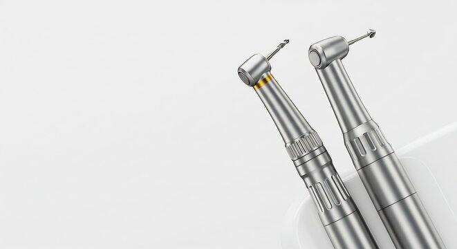 Deux turbines dentaires polies brillent sur un fond immacul&eacute; &eacute;voquant la haute technologie et l'hygi&egrave;ne clinique moderne.