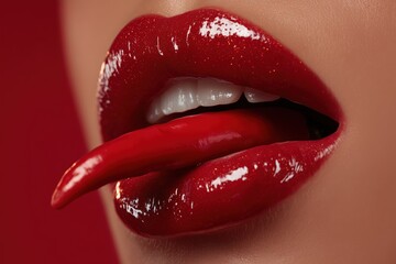 Obraz premium Sensual Spice: A close-up of luscious, glossy red lips embracing a fiery chili pepper, symbolizing passion and allure, inviting the viewer into a world of daring flavors.