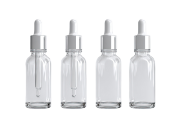 Four clear glass dropper bottles, rectangular shape, with silver tops