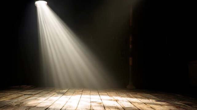 Bright spotlight shines on an empty wooden floor in a dark, atmospheric space during an evocative performance or rehearsal setting that suggests anticipation or introspection