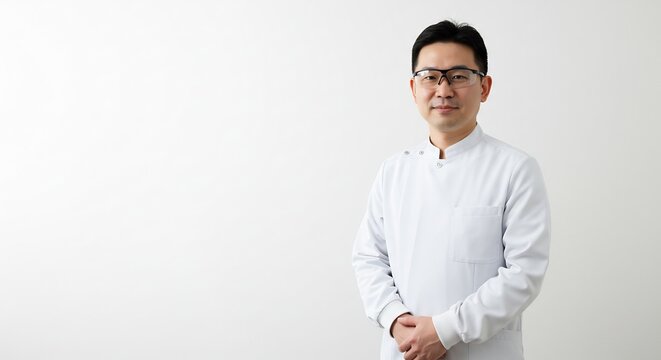 Un homme asiatique en blouse blanche sourit portant des lunettes sous une lumi&egrave;re studio douce et claire.