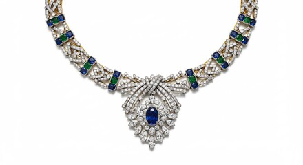 Splendide collier de luxe or et platine eclatant saphirs bleus diamants brillants emeraudes precieuses fond immacule.