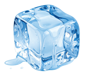 Isolated, translucent cube of ice with a melting puddle, set against black