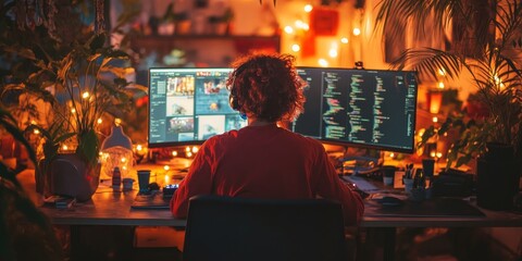 Cozy Home Office with Lush Foliage, Dual Monitors, and a Relaxing Ambiance for Productive Work