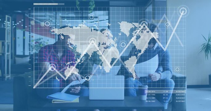 Grid appearing world map nodes graph animating while team tapping tablet and typing tech analytics