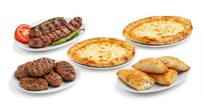 D&eacute;licieux assortiment de plats turcs pide kebab boulettes bien &eacute;clair&eacute; sur fond blanc pur esth&eacute;tique culinaire