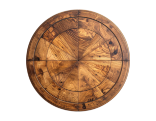 Overhead shot of a circular, inlaid wooden table with a detailed design