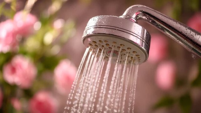Shower head pouring water with pink flowers in the background