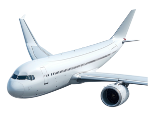 Sleek, white passenger jet against a transparent background, in flight