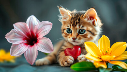 Cute kitten holding heart with flowers, spring mood, beautiful nature background for card
