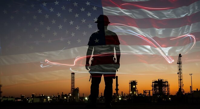 Silhouette of a worker in front of a united states flag and industry