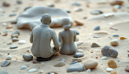 Stone couple figurines sitting together on sandy beach for Valentine's Day concept