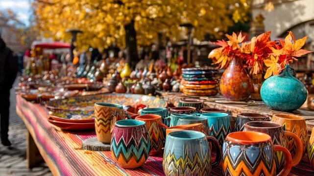 Vendor selling colorful handmade ceramic mugs and vases at an autumn outdoor market