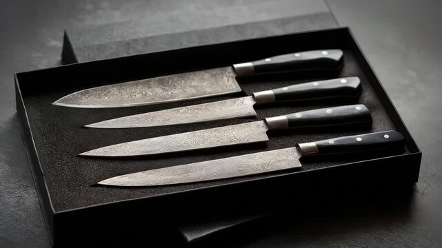 Set of damascus steel knives resting in a black box