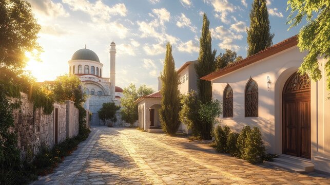 Sunlit Mosque Street: A picturesque cobblestone street leads to a stunning mosque bathed in the golden sunlight of a beautiful day.