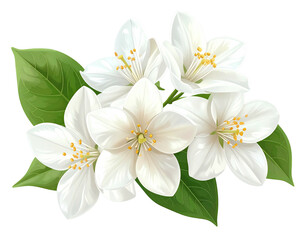 Group of five white flowers, accented by green leaves against a black background