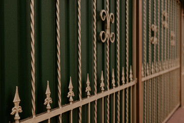 Ornate metal fence with decorative elements against a dark green backdrop. A detailed shot of a wrought iron fence featuring intricate designs and a dark green background, creating a classic aesthetic