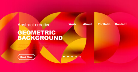 Bright abstract geometric background. Red, orange, yellow hues dominate design. Text elements present, navigation visible. Modern aesthetic.