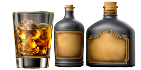 Whiskey Trio: A classic still life captures the essence of a premium whiskey experience, showcasing a glass brimming with ice and amber liquid alongside two elegant, aged bottles.