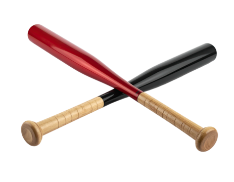 Two baseball bats, one red, one black, crossed on a black background
