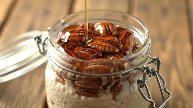 Delicious Overnight Oats with Crunchy Pecans and Golden Honey Pouring - Healthy Homemade Breakfast or Sweet Dessert in a Jar Nutritious Meal Idea