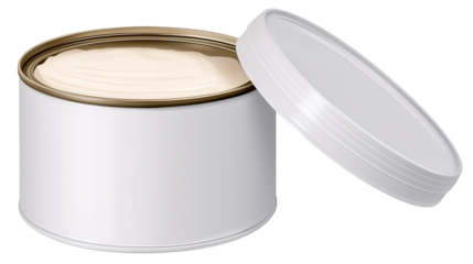 Food Can and Creamy Delight: A close-up shot of a metallic food can, its lid slightly ajar revealing a smooth, creamy substance. A simple yet elegant presentation, emphasizing texture and color.
