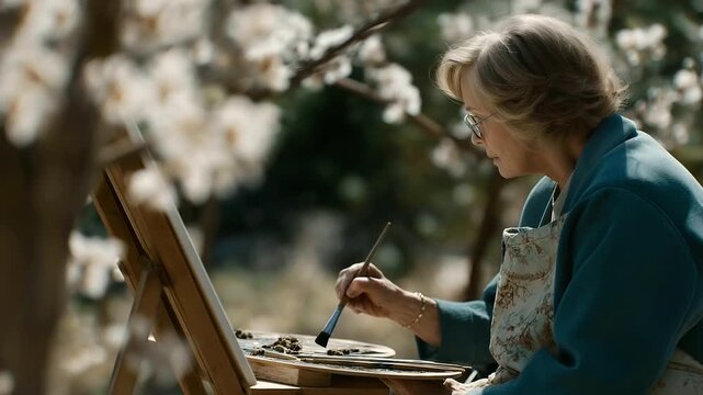 elderly woman painting orchard blossoms on wooden stool bees buzzing sun filtering through petals heritage art three quarter wide angle cinematic color correction gentle