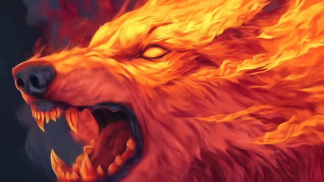 Fiery wolf illustration digital art of a roaring animal with intense colors