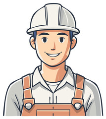 Friendly young construction worker in a hard hat smiling cartoon character portrait illustration