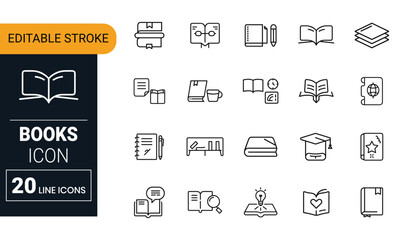 Collection of 20 black line art icons depicting books and reading related objects education library