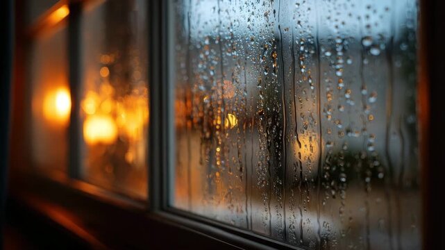 Rain falling on window with warm light inside creating cozy atmosphere
